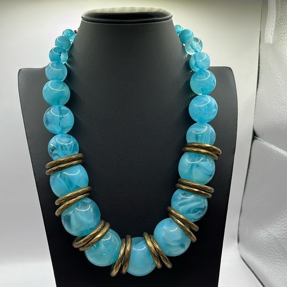 Large Bubble Necklace with Copper Circles! Big Bold Clear Blue Ball 20” Necklace - Picture 2 of 13